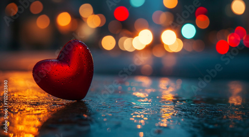 Coração vermelho sob luzes bokeh em noite chuvosa photo