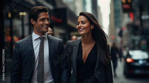 Beautiful successful brunette woman in stylish business clothes. Next to her is a handsome man in a business suit. Successful strong woman, office worker, manager, leader.