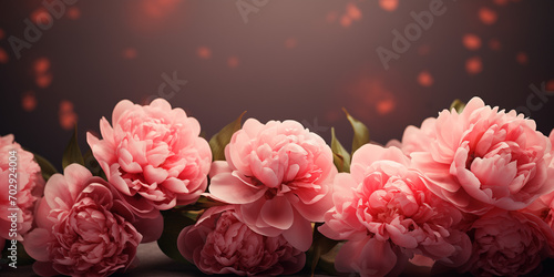 Flower frame with pink peonies on the bokeh background. Visual concept for greeting card  invitation or romantic event  flatlay banner with space for text