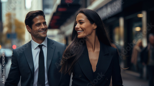 Beautiful successful brunette woman in stylish business clothes. Next to her is a handsome man in a business suit. Successful strong woman, office worker, manager, leader.