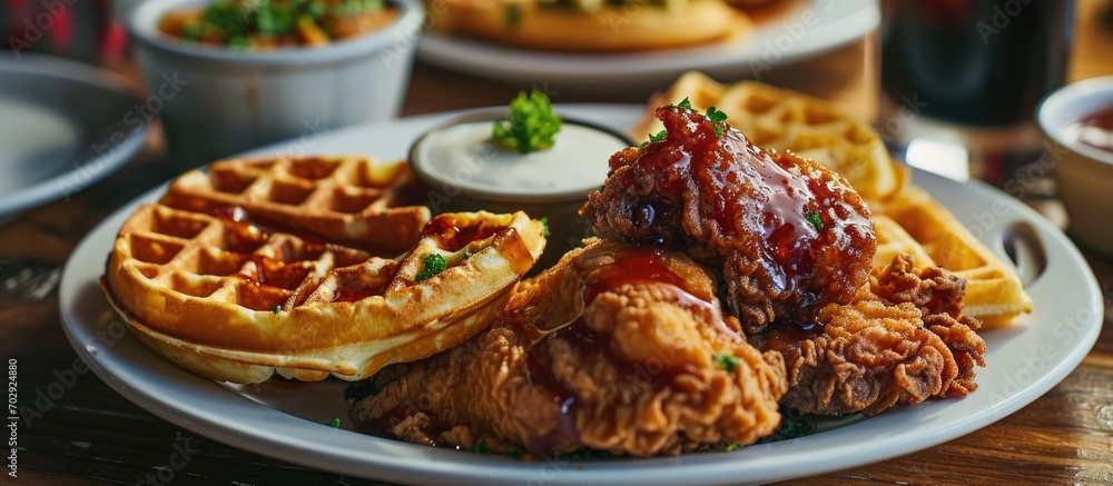 Chicken and waffles on a wooden counter.
