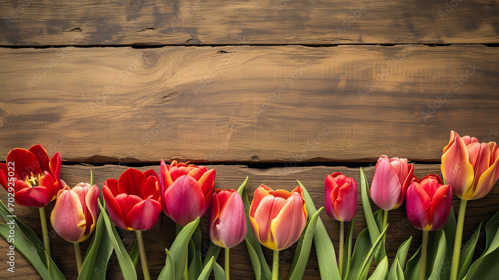 Fresh springtime tulip flowers border with copy space
