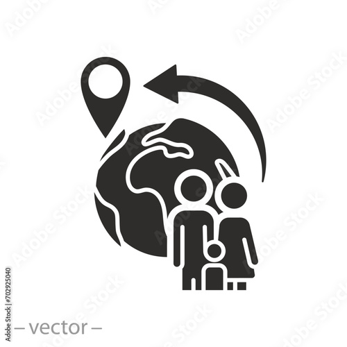 population displacement forced icon, family migration, international emigrants group, flat symbol - editable stroke vector illustration