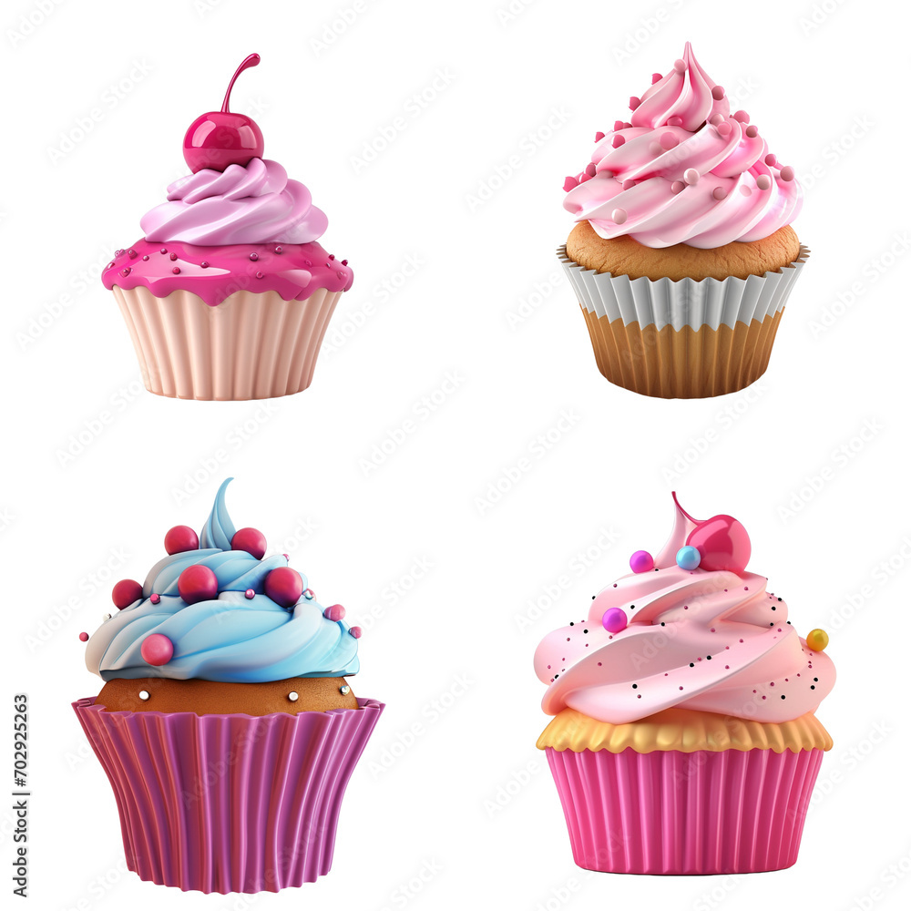 Set of cute delicious cupcakes isolated on transparent background. Set of cute delicious cupcakes isolated on transparent background.