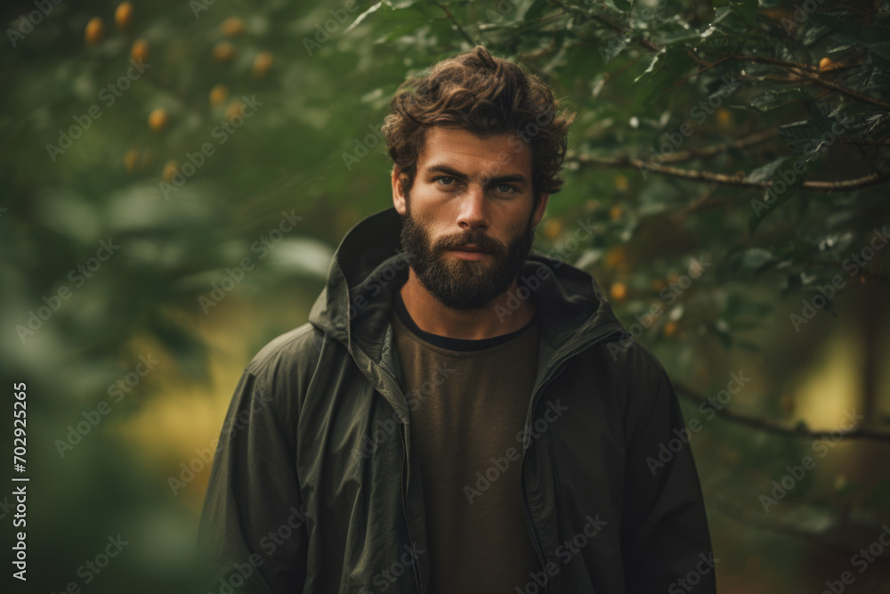 Bearded man in casual wear against a forest backdrop. Forest bathing concept