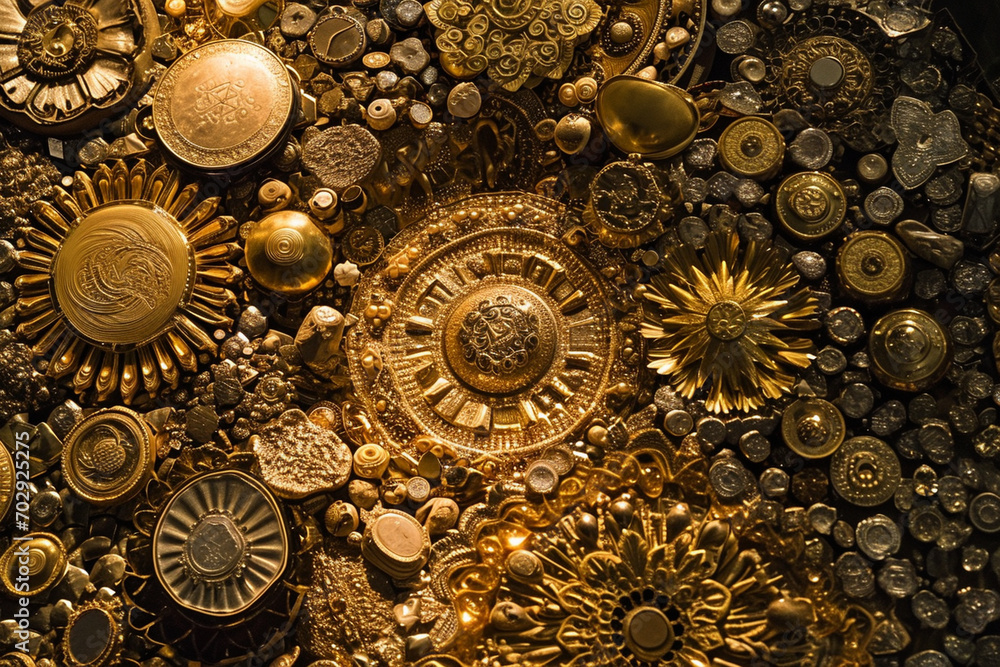 Top-down view capturing the symbolic details of wealth, creatively arranged to form a visually striking work of art, beautifully framed in a photo Top-down view capturing the symbolic details of wealth, creatively arranged to form a visually striking work of art, beautifully framed in a photo