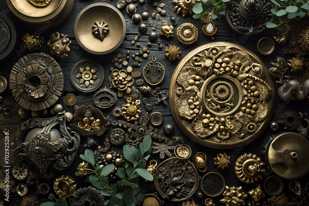 Top-down view capturing the symbolic details of wealth, creatively arranged to form a visually striking work of art, beautifully framed in a photo Top-down view capturing the symbolic details of wealth, creatively arranged to form a visually striking work of art, beautifully framed in a photo
