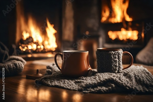 Mug with tea standing on a table with woolen blanket in a cozy living room with fireplace. Cozy winter day. created with Generative AI technology 