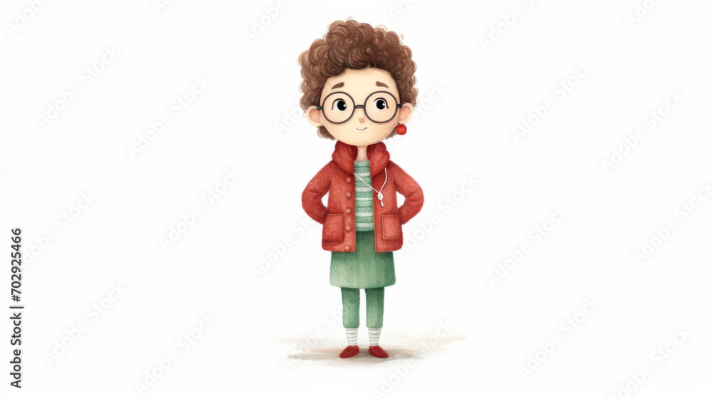 Cute character girl watercolor illustration in Christmas style on white background. Red and green colors. Cute character girl watercolor illustration in Christmas style on white background. Red and green colors.
