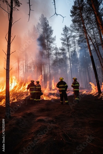 Firefighters extinguish a forest fire. Copy space.