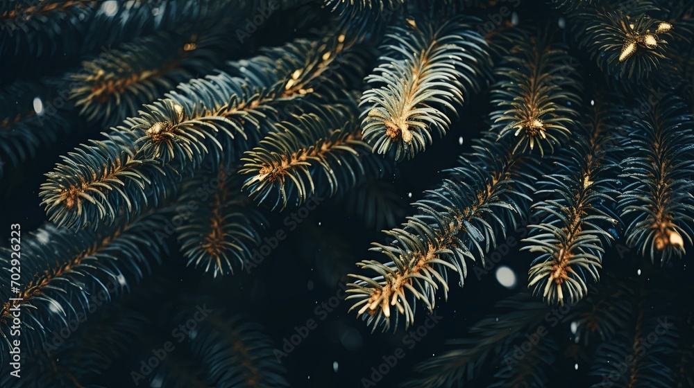 a close up image of pine christmas green branches, in the style of dark teal and light gold, sparklecore, soggy, festive atmosphere, depictions of inclement weather, tranquil gardenscapes, nanopunk.