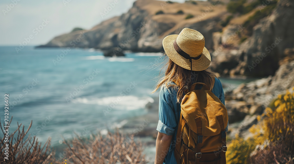 Woman traveler looking at the sea. Travel and active lifestyle concept, rare view