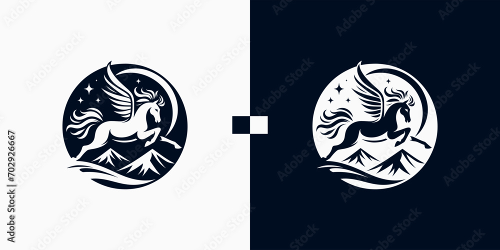 Pegasus horse logo Pegasus Skyline vector design inspiration, Monochrome Emblem of Running Pegasus isolated on white, Vector image of a silhouette of a mythical creature of Pegasus - obrazy, fototapety, plakaty 