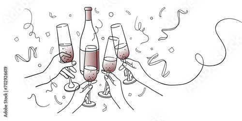 Continuous line red champagne cheers one line art, continuous drawing contour on white background. 4 Wine glasses with drinks. Cheers toast festive decoration for holidays. Vector illustration