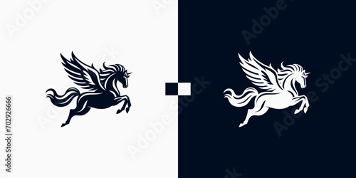 Pegasus horse logo Pegasus Skyline vector design inspiration, Monochrome Emblem of Running Pegasus isolated on white, Vector image of a silhouette of a mythical creature of Pegasus