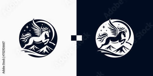 Pegasus horse logo Pegasus Skyline vector design inspiration, Monochrome Emblem of Running Pegasus isolated on white, Vector image of a silhouette of a mythical creature of Pegasus