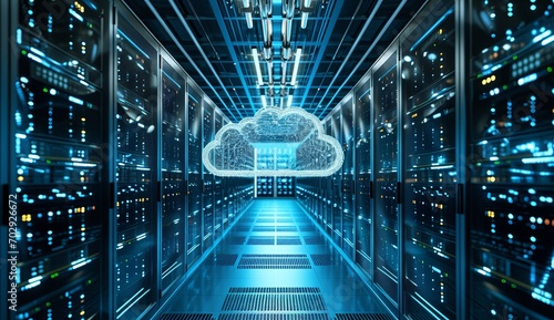 a cloud image in a data center, in the style of futuristic elements, digital mixed media, illuminated interiors, engineering/construction and design, sky-blue and black, transportcore, technology.