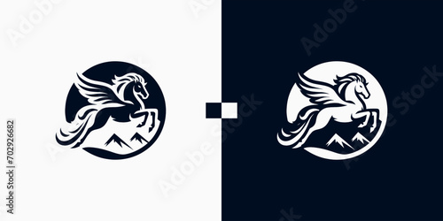 Pegasus horse logo Pegasus Skyline vector design inspiration, Monochrome Emblem of Running Pegasus isolated on white, Vector image of a silhouette of a mythical creature of Pegasus