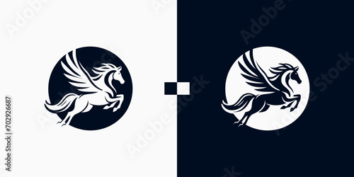 Pegasus horse logo Pegasus Skyline vector design inspiration, Monochrome Emblem of Running Pegasus isolated on white, Vector image of a silhouette of a mythical creature of Pegasus