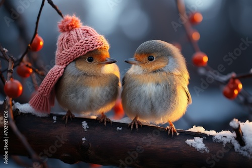 Winter poster or card. Two small cute birds sparrows in knitted hats on tree branch on blurred winter background. Hello winter. Winter character. © Irina Mikhailichenko