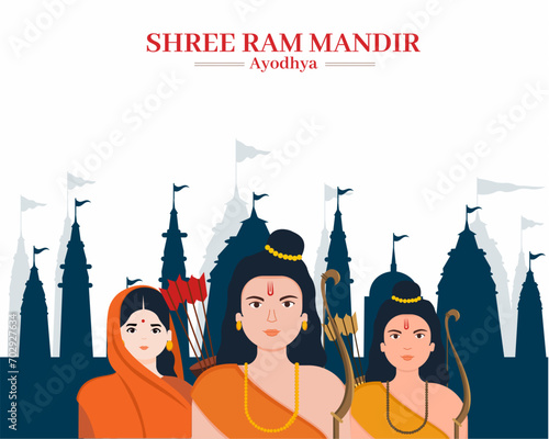 Shree Ram with Wife Sita and Brother Laxman return in Ayodhya city Ram Mandir spiritual Hindu temple.
