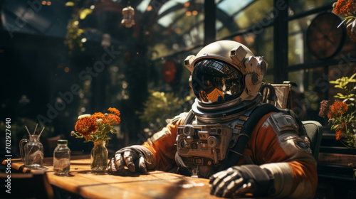 An astronaut in a spacesuit sits at a table in a cafe. Space breakfast