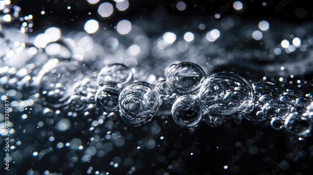 Soda water bubbles splashing underwater against black background. Generative AI Soda water bubbles splashing underwater against black background. Generative AI