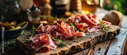 Schwarzwald and prosciutto ham drying on a board.