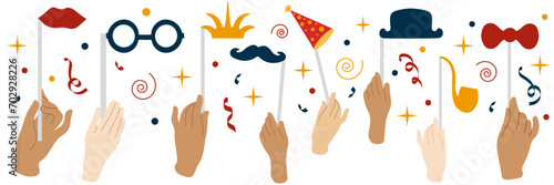 
Vector illustration of male and female hands holding photo props for party, birthday celebration. Mustache, crown, lips, glasses, hat, bow on sticks.