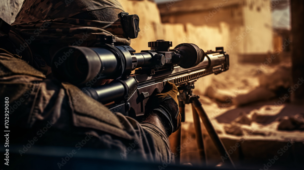 View through scope sniper rifle to military soldier
