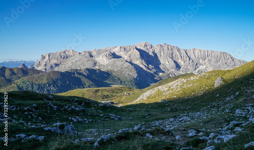 Wonderful mountain scenery in the dolomites: View to Rosengarten Schlern Naturepark near Alpe di Siusi in South Tyrol, Italy photo
