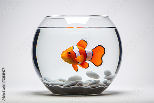 Clown fish in fish tank on white background. Generative AI