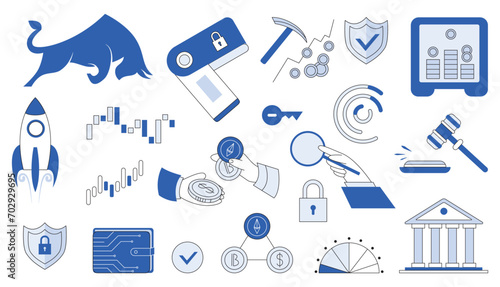 Bull run or bullish market trend collection cryptocurrency or stocks finance. Trade exchange set icons. Cryptocurrency price chart blockchain technology. Global economy boom isolated on background.