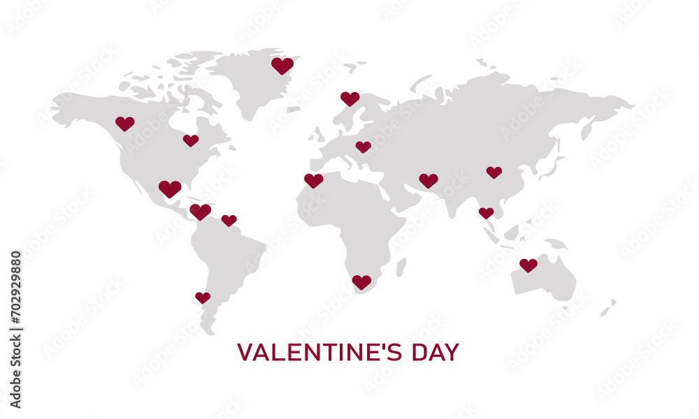 Naklejka premium World map with hearts for Valentine's Day. Vector illustration in flat style. Isolated on white background 