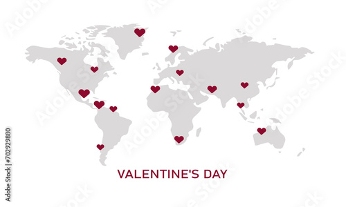 World map with hearts for Valentine's Day. Vector illustration in flat style. Isolated on white background 