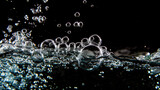 Soda water bubbles splashing underwater against black background. Generative AI