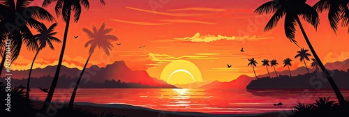 A tropical island sunset banner template, perfect for romantic getaways photo