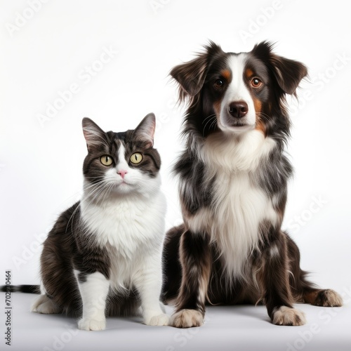 A black and white dog and a cat are sitting looking at the camera on a white background. Close-up. Portrait of pets.