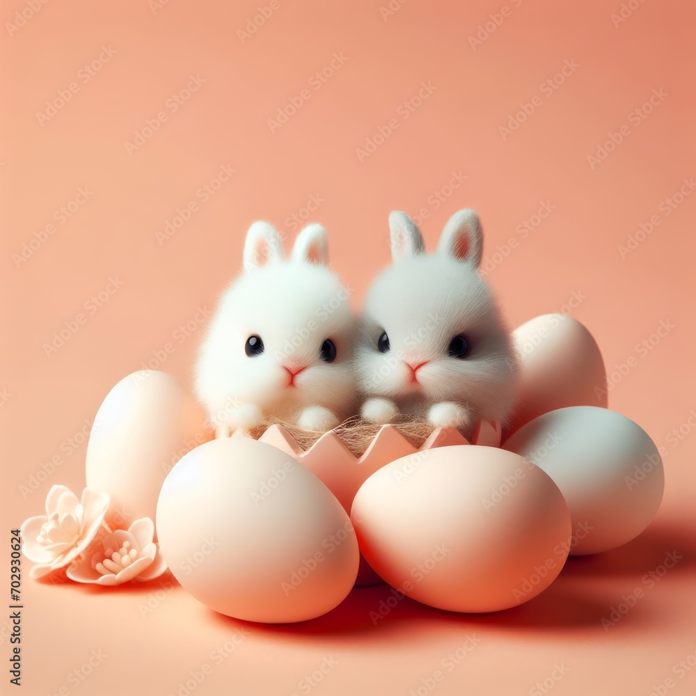 Couple of cute fluffy white Easter bunny toys among colorful eggs on a peach fuzz trendy 2024 color background. Minimal Easter holiday concept. Web banner with copy space for design.