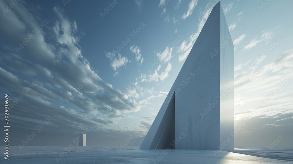 Surreal and minimalist towering structure with clean lines and sharp angles stands against a backdrop of a cloudless sky, creating a sense of isolation and otherworldliness Surreal and minimalist towering structure with clean lines and sharp angles stands against a backdrop of a cloudless sky, creating a sense of isolation and otherworldliness
