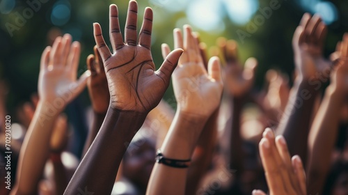 A close-up of hands of different skin tones raised in celebration, symbolizing equality and solidarity