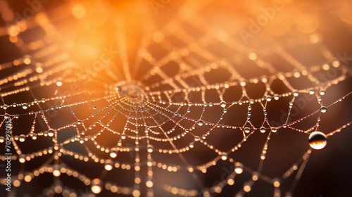 Sunlit Dew Drops on a Delicate Spider Web Capturing Morning's Splendor