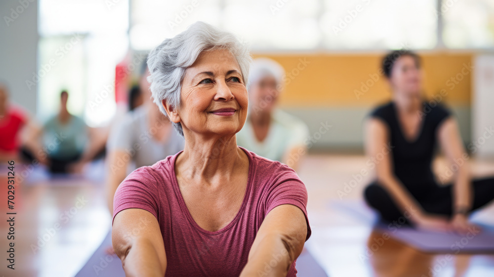Elderly lady engaging in gentle spine exercises during a yoga session. Elderly lady engaging in gentle spine exercises during a yoga session.
