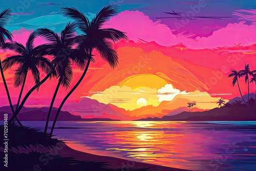 A tropical island sunset banner template, perfect for romantic getaways photo