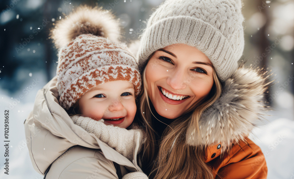A woman and a small child pose in the snow.