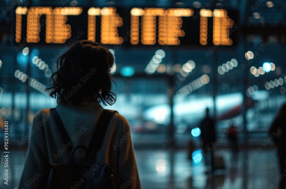 Woman with her back turned at the airport looking at the departure times of the planes Woman with her back turned at the airport looking at the departure times of the planes