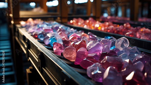 Industrial Ballet of Gemstones Gliding along Conveyor Belts in a Factory Setting