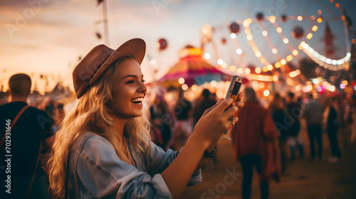 Young woman taking pictures from smartphone at music festival photo