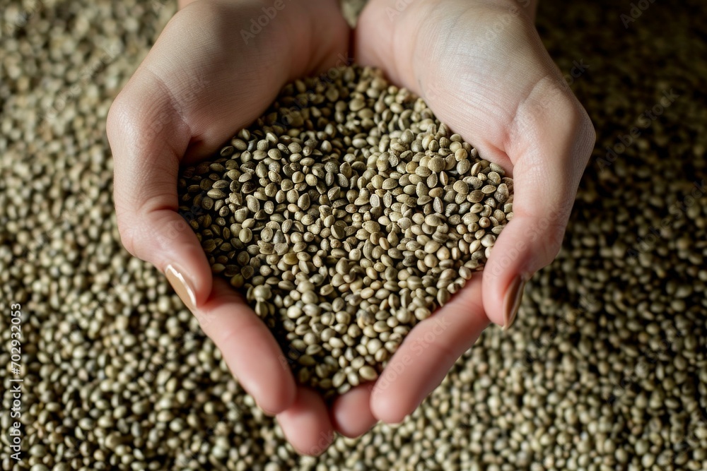 Hemp seeds in the hands of a farmer, abstract heart shape. Background with selective focus and copy space Hemp seeds in the hands of a farmer, abstract heart shape. Background with selective focus and copy space