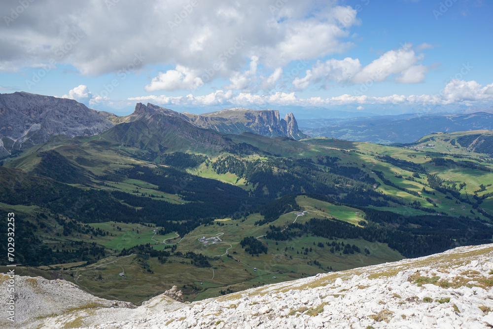 Amazing dolomite view to iconic Schlern mountain near Seiser Alm Alpe di Siusi in South Tyrol, Italy